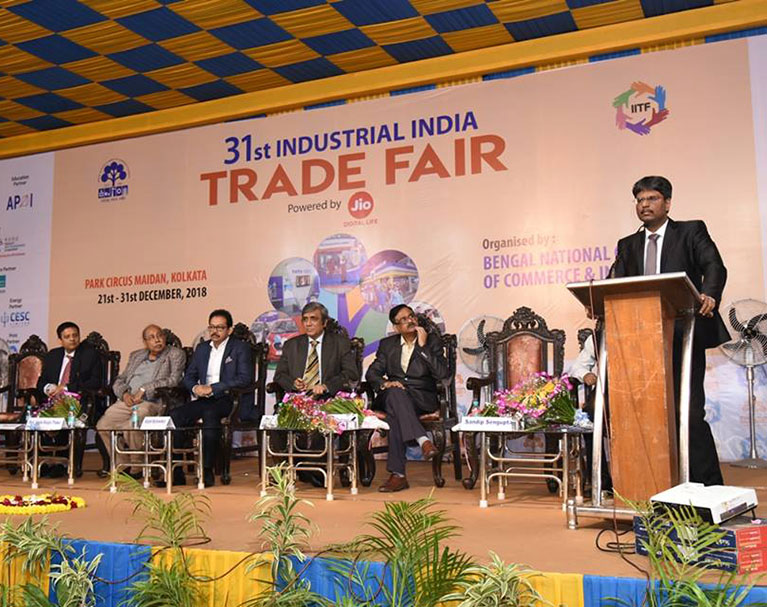 ISOEH organized a grand Hackathon for IITF and was invited at IITF (31st Industrial India Trade Fair)  main event, the oldest fair in Kolkata, organized by BNCCI. ISOEH Director Sandeep Sengupta is sharing the stage with Industry delegates.